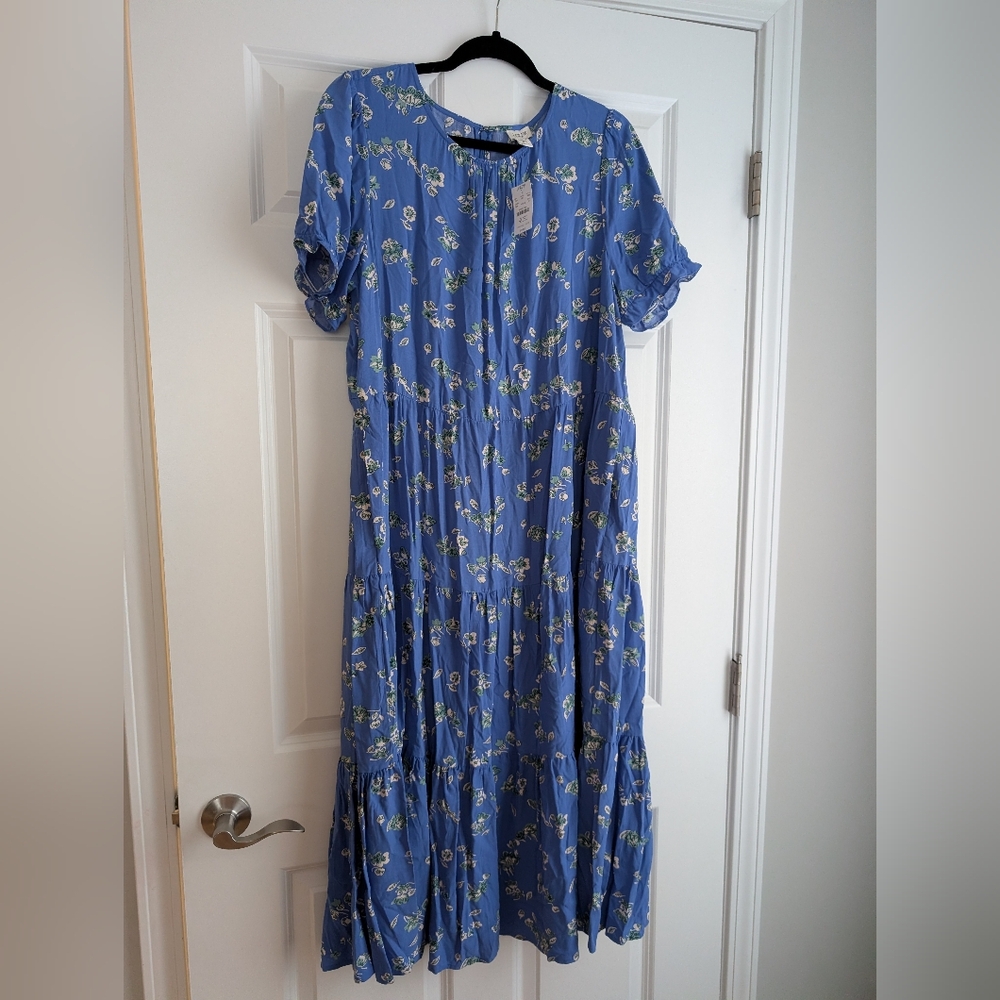 J. Crew Blue & Green Floral Puff Sleeve Tiered Maxi Dress